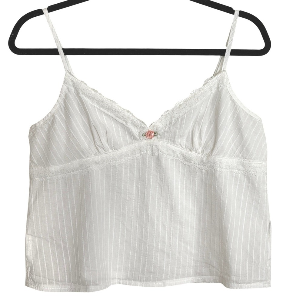 White Lace Trim Rosette Camisole Top Stripe Coquette Babydoll Cottagecore S